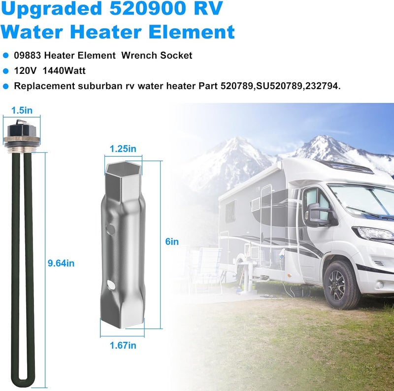 JIOTAR 𝗡𝗲𝘄 𝙐𝙥𝙜𝙧𝙖𝙙𝙚𝙙 RV Water Heater Element 520900 Replacement Suburban SW6DE SW10DE SW12DE 520789 FOR Suburban RV Water Heater Parts SW Series Electric Water Heater-120V 1440W,With 09883 Wrench - Image 2